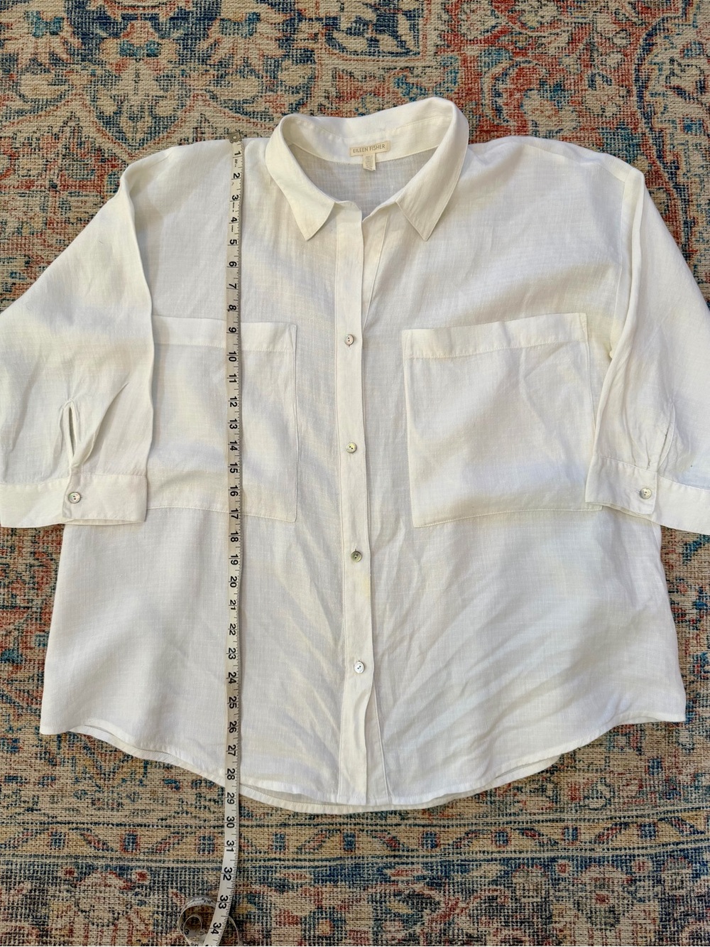 Eileen Fisher Top Linen Tencel White Collared Button Down Shirt Blouse Spring L - Picture 8 of 10